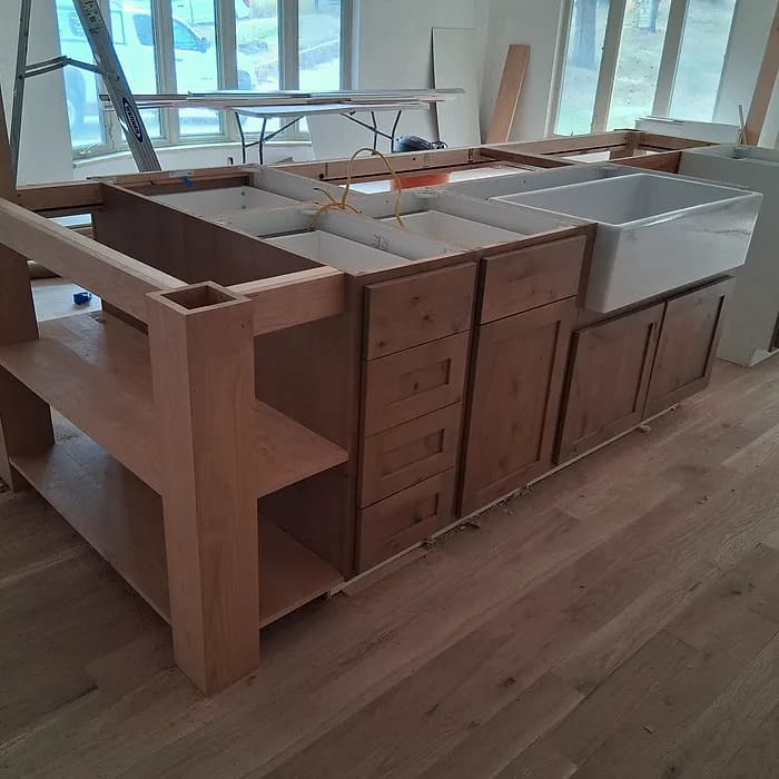 Custom kitchen island cabinetry under construction