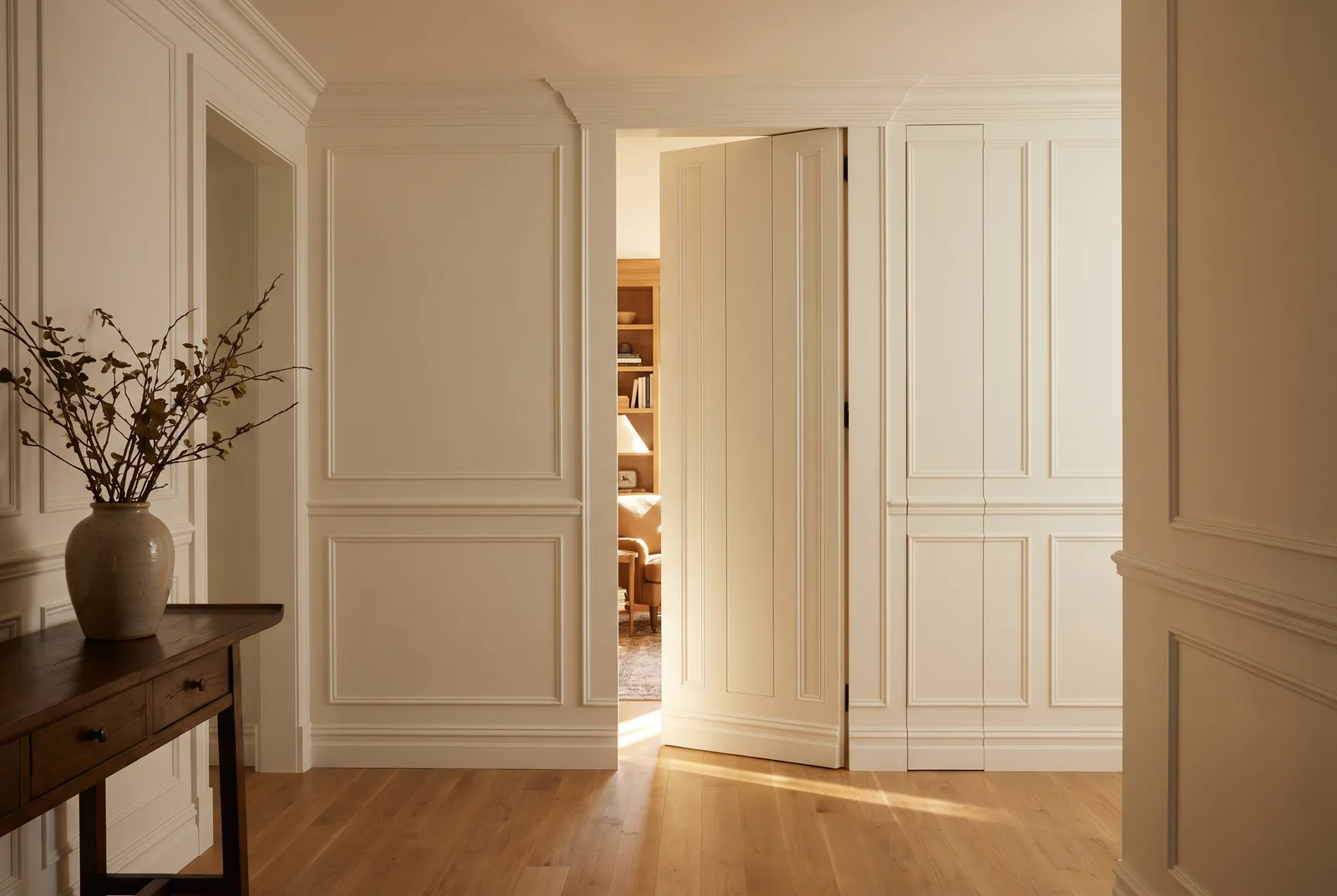 Hidden jib door in wall paneling